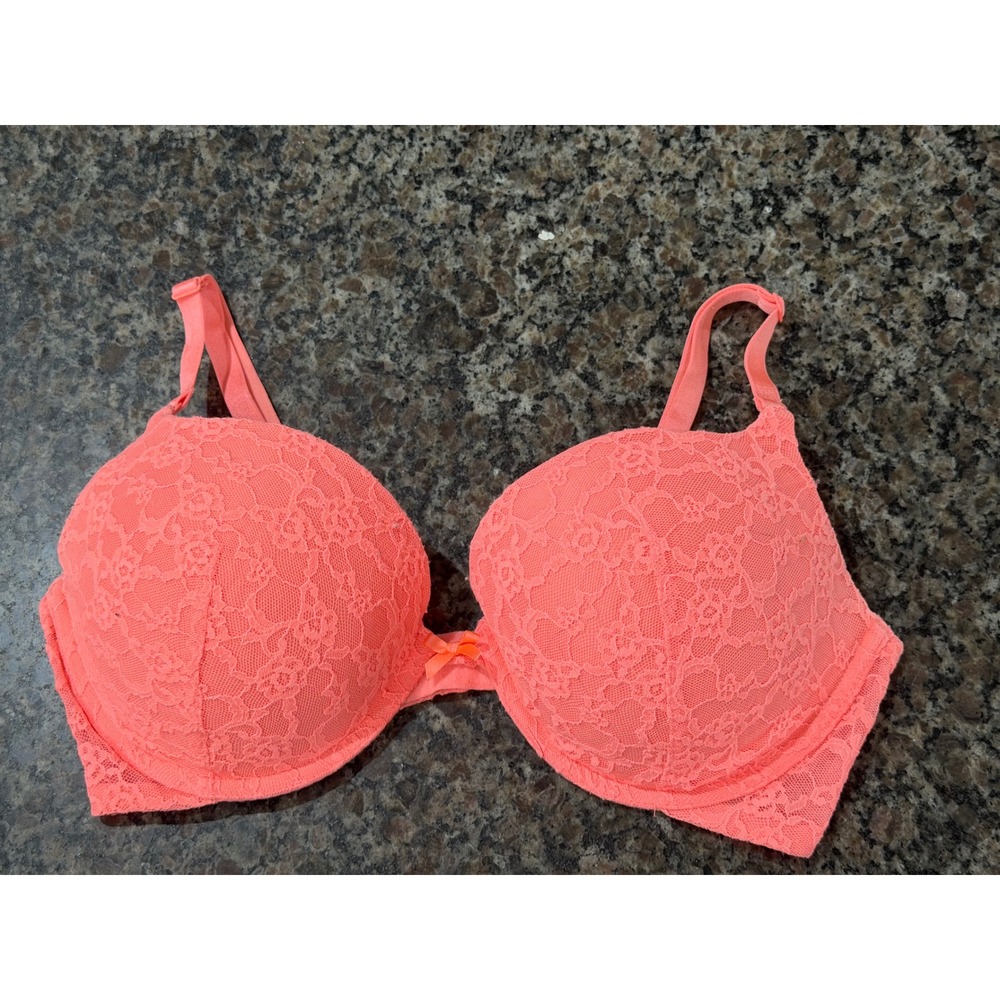 Victorias Secret Neon Coral Pink Floral Lace Push-Up Bra 36D Underwire‎ Bow